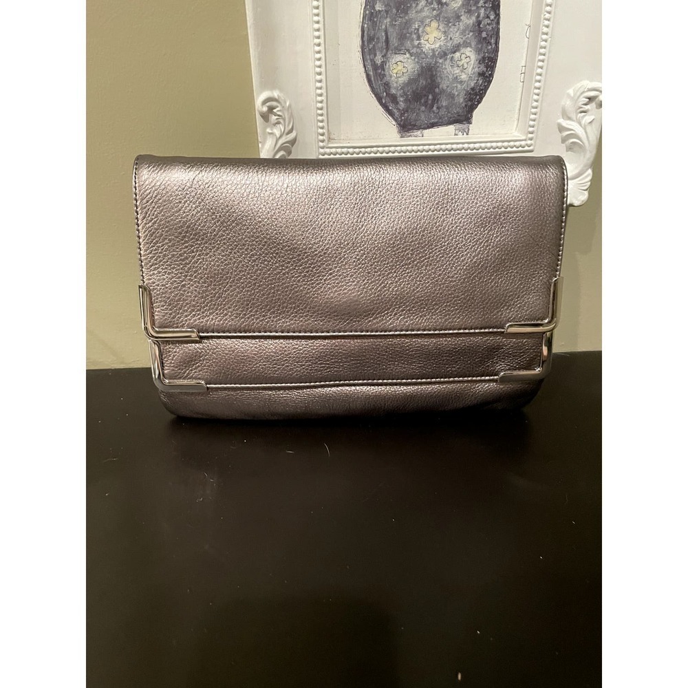 Michael Kors Silver-Grey Leather Envelope/Foldover Clutch with Double Flap